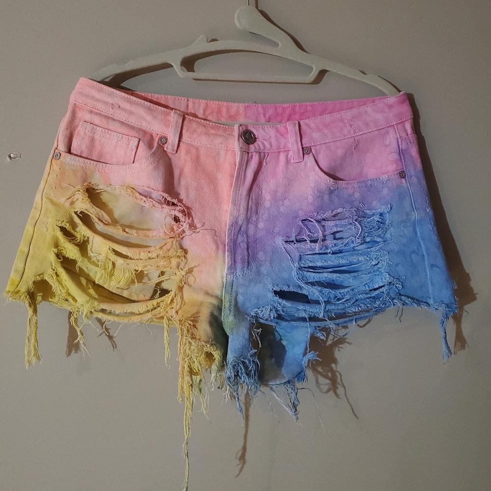 Distressed Tie-Dye Rainbow Denim Shorts